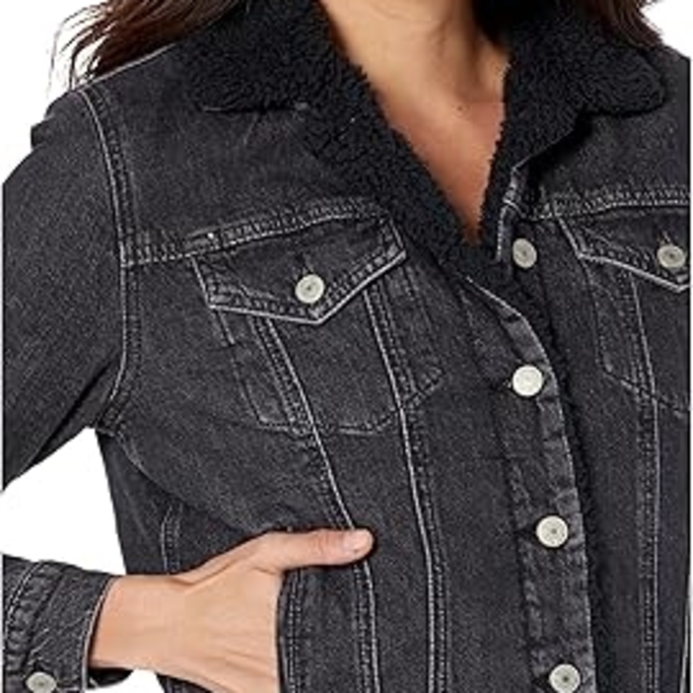 100% COTTON Black Trucker Denim Sherpa Teddy Jacket In Size Small